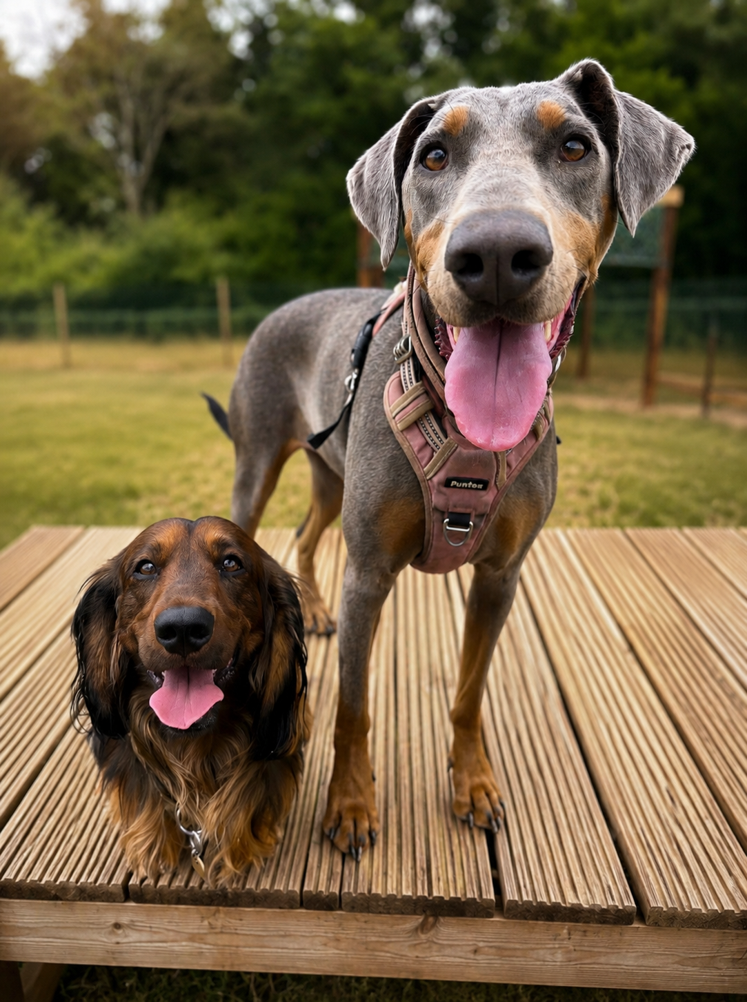 Two dogs standing on wooden decking