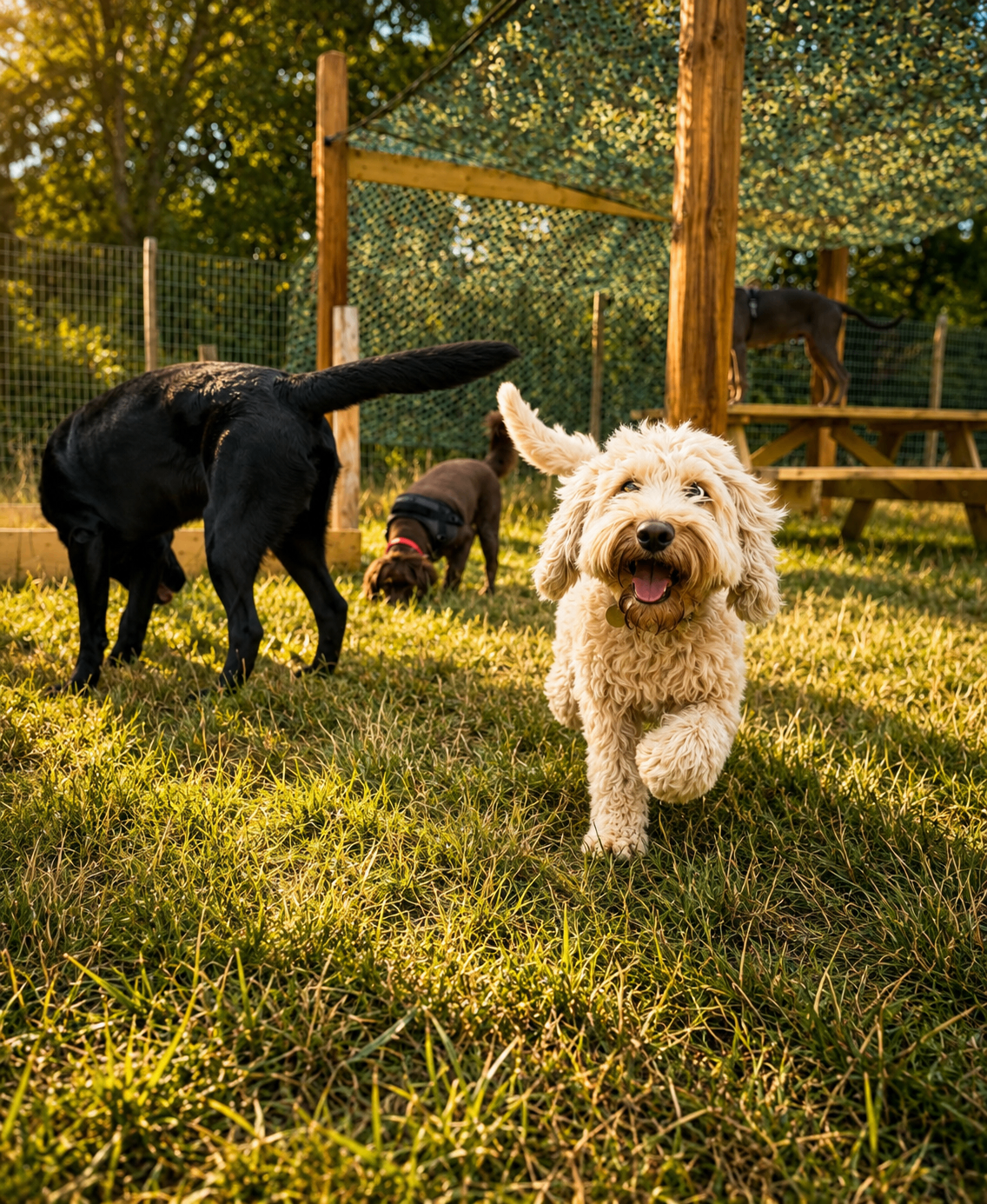 Dogs playing in a shaded paddock