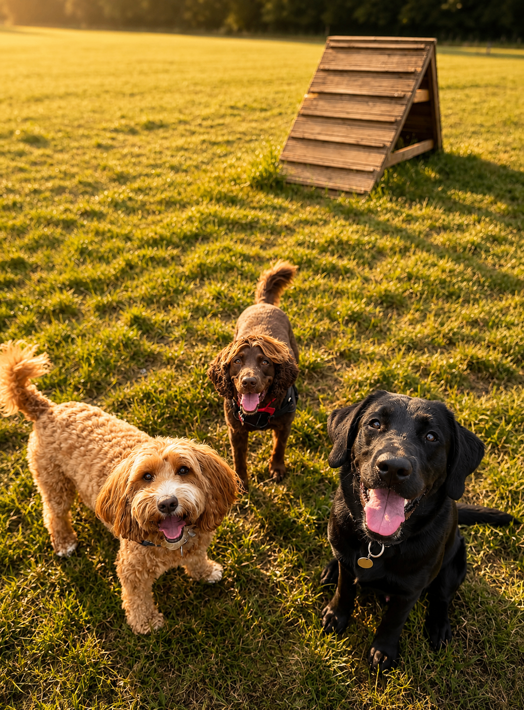 Three happy dogs on the grass at golden hour
