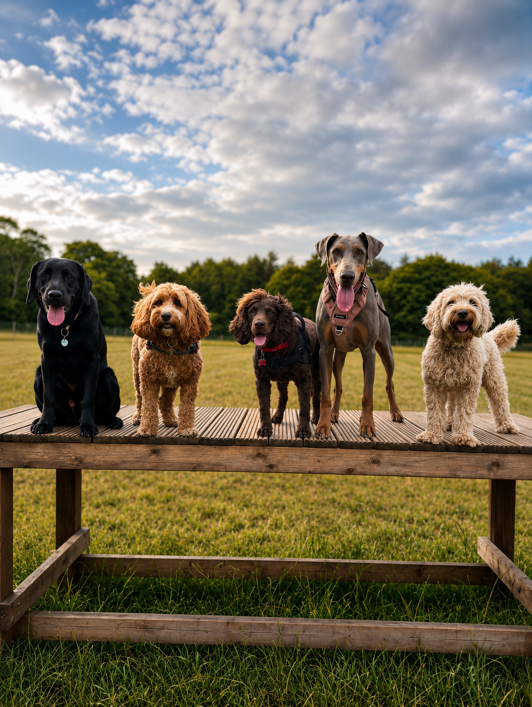 Dogs of Wright's Dog Walking on a wooden platform
