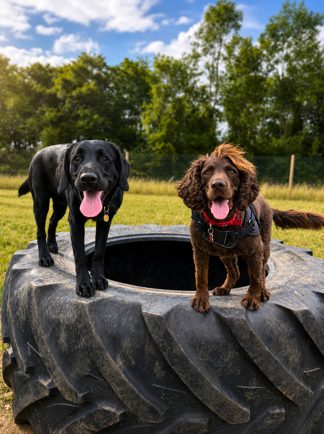 Two dogs standing on a large tractor tyre